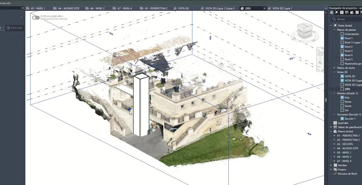 Modelo del edificio con niveles y planos de corte en la herramienta de proyecto