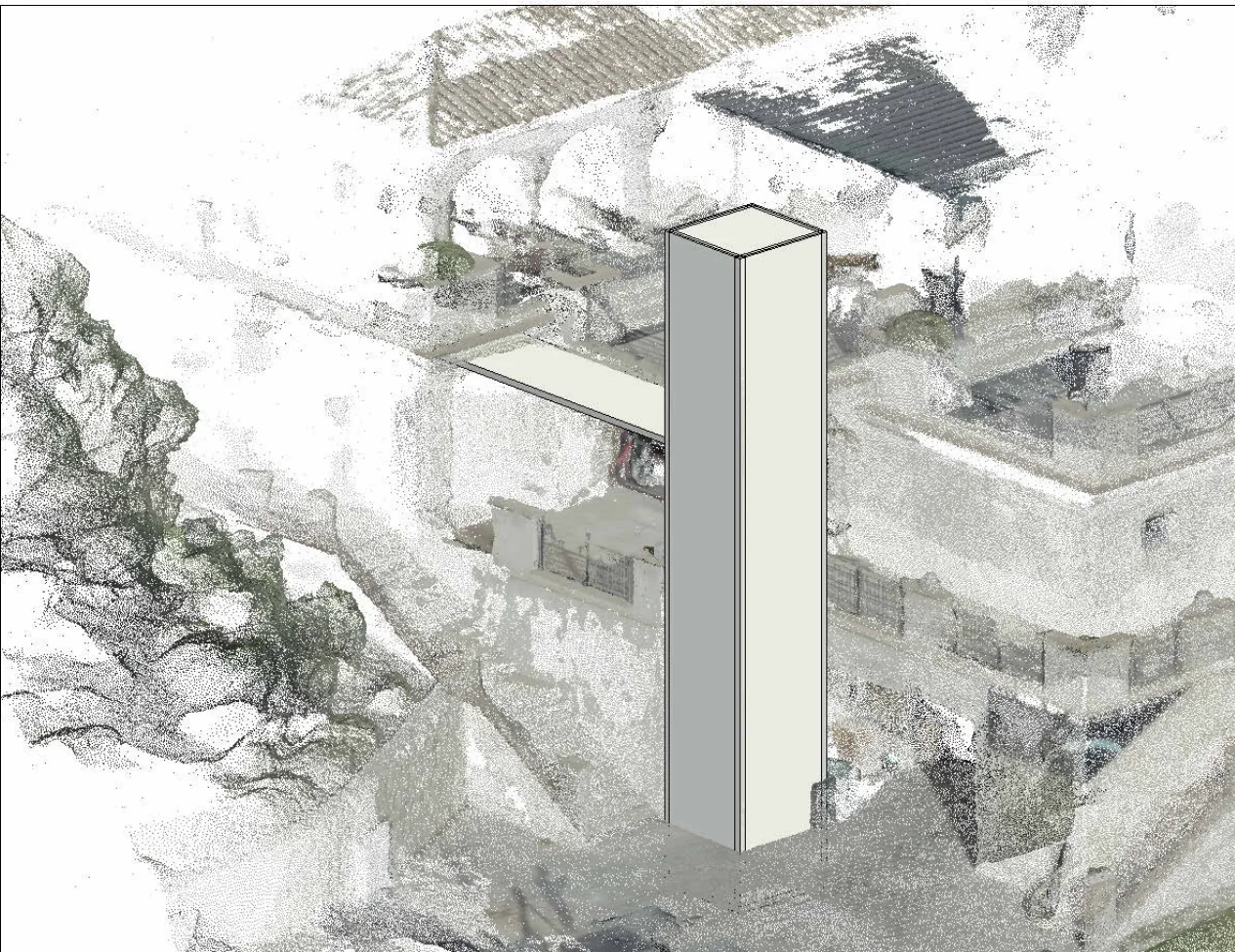 Perspectiva de una propuesta de ascensor y pasarela situada sobre la representación del edificio existente